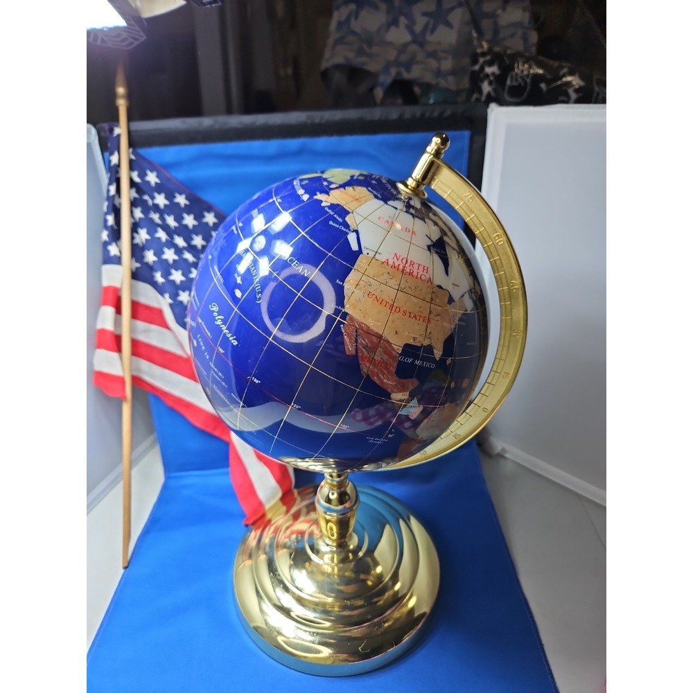 Gemstone Inlaid World Globe Lapis Lazuli Oceans Stone Inlay 16" Vintage